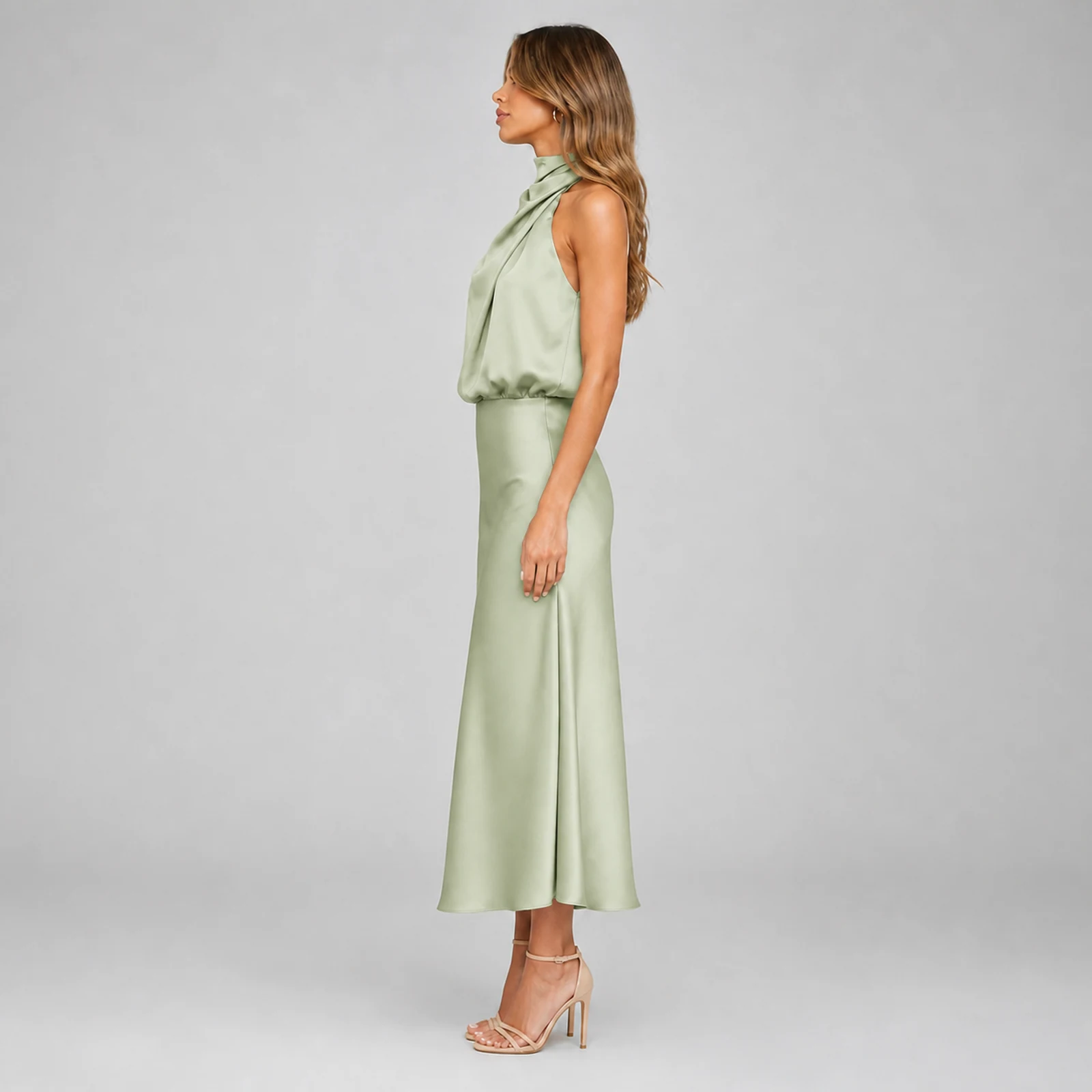 Fiora Sage Satin Midi Dress, view 3