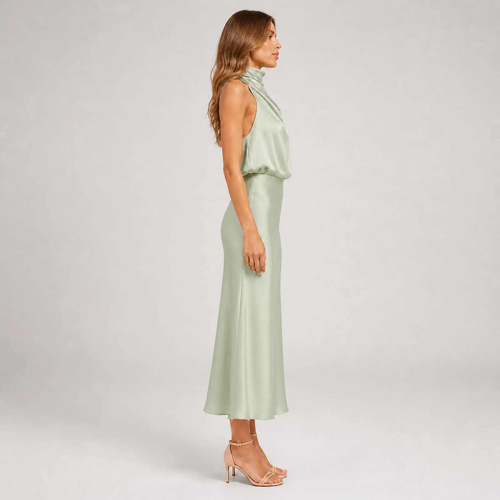 Fiora Sage Satin Midi Dress, view 4