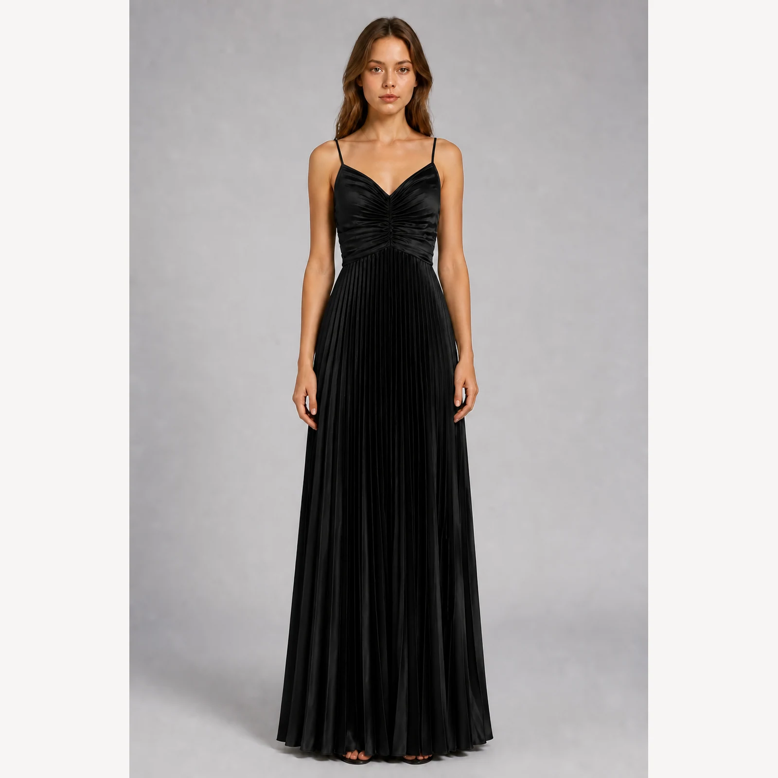 Galatea Black Pleated Evening Gown, view 1