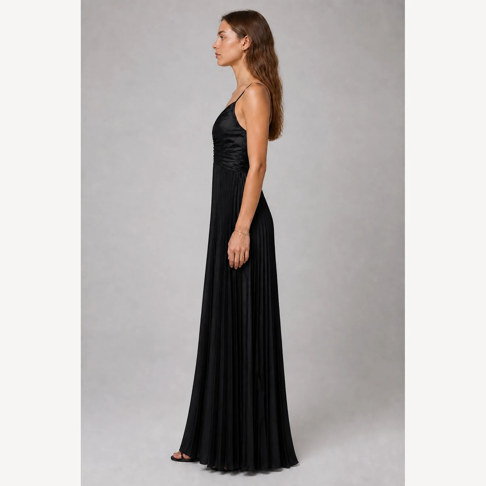 Galatea Black Pleated Evening Gown, view 3