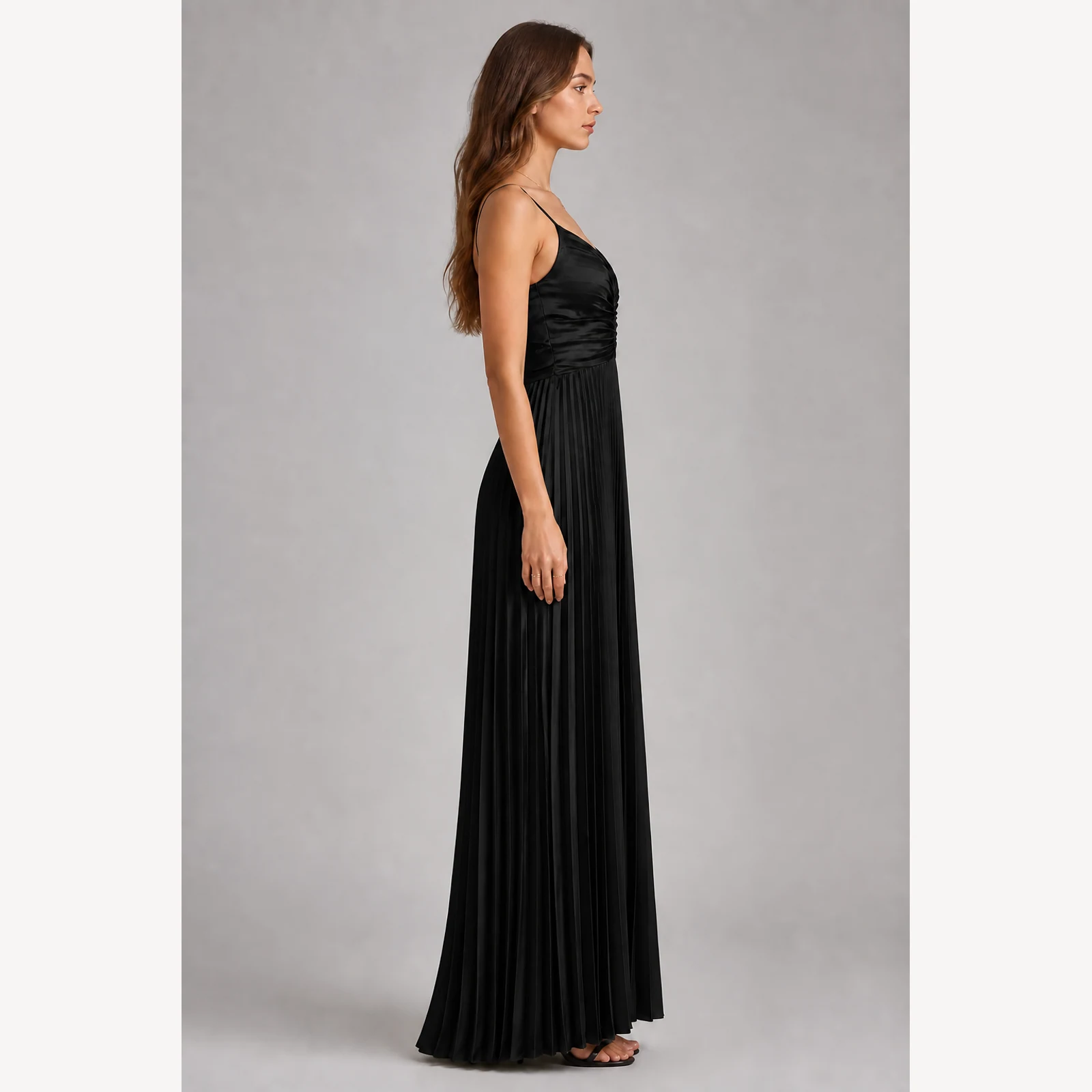 Galatea Black Pleated Evening Gown, view 4