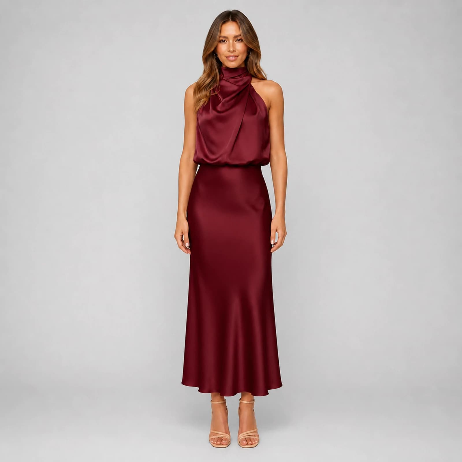 Helena Wine Satin Midi Dress, view 1