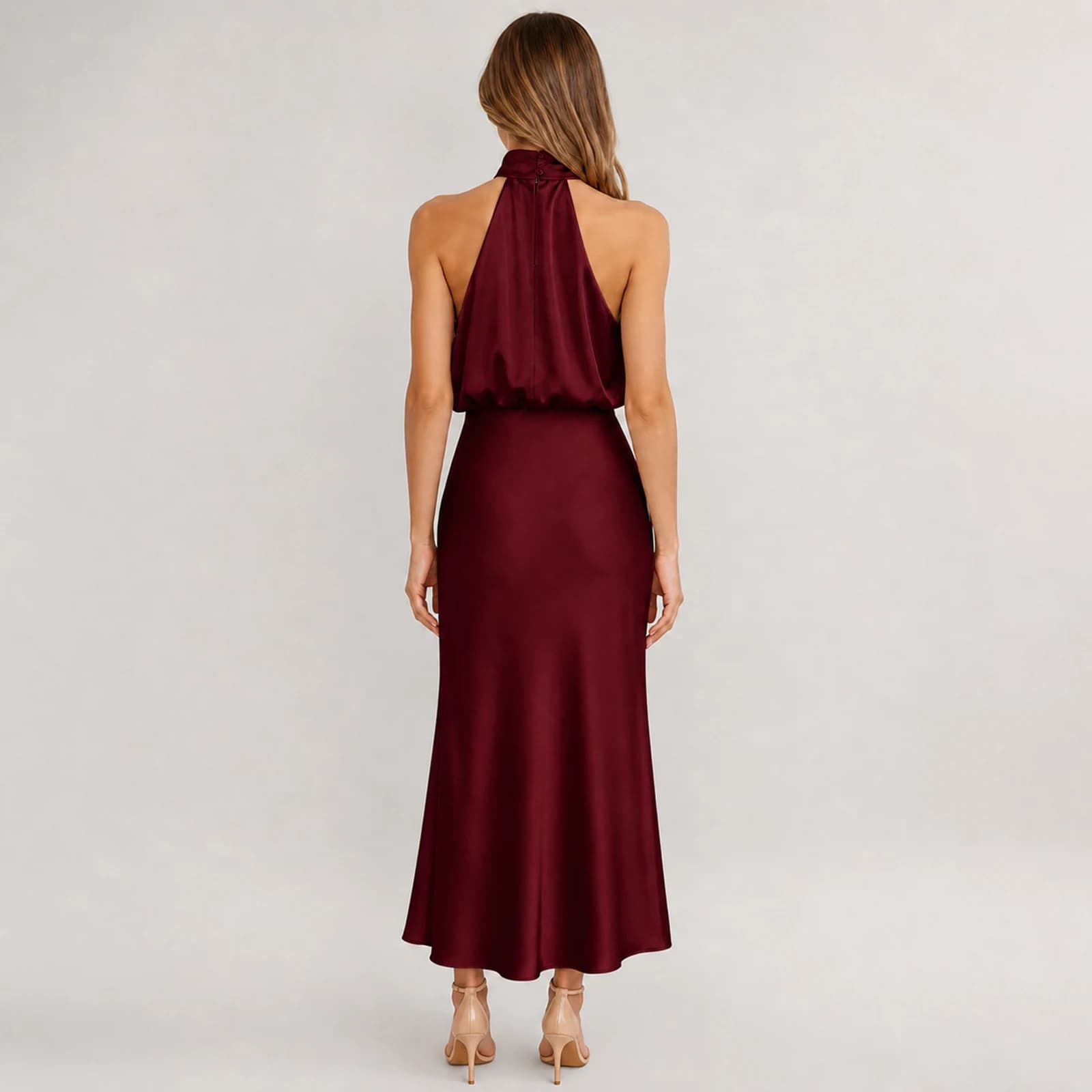 Helena Wine Satin Midi Dress, view 2