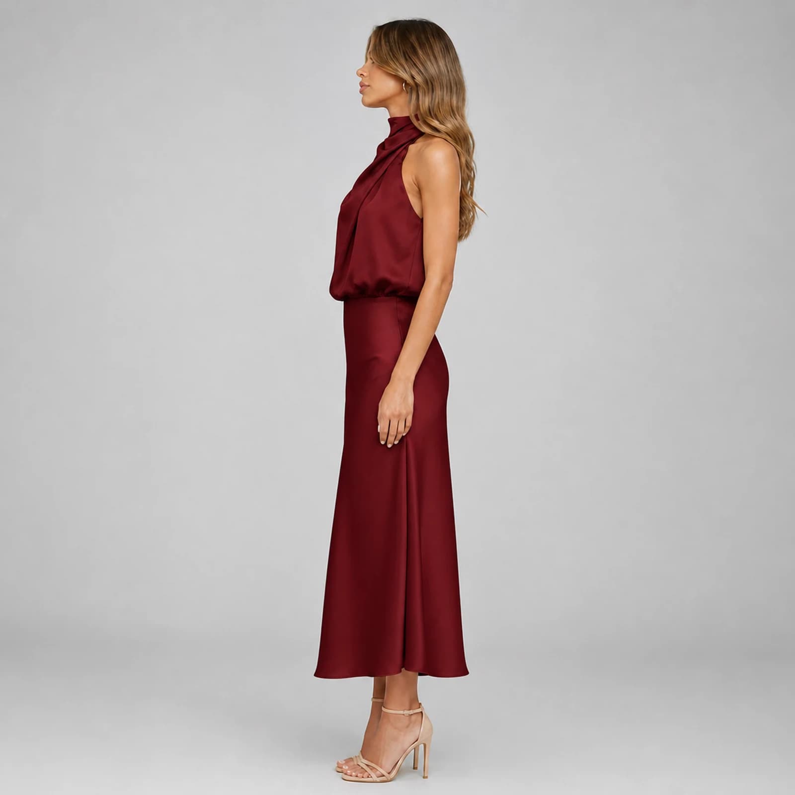 Helena Wine Satin Midi Dress, view 3
