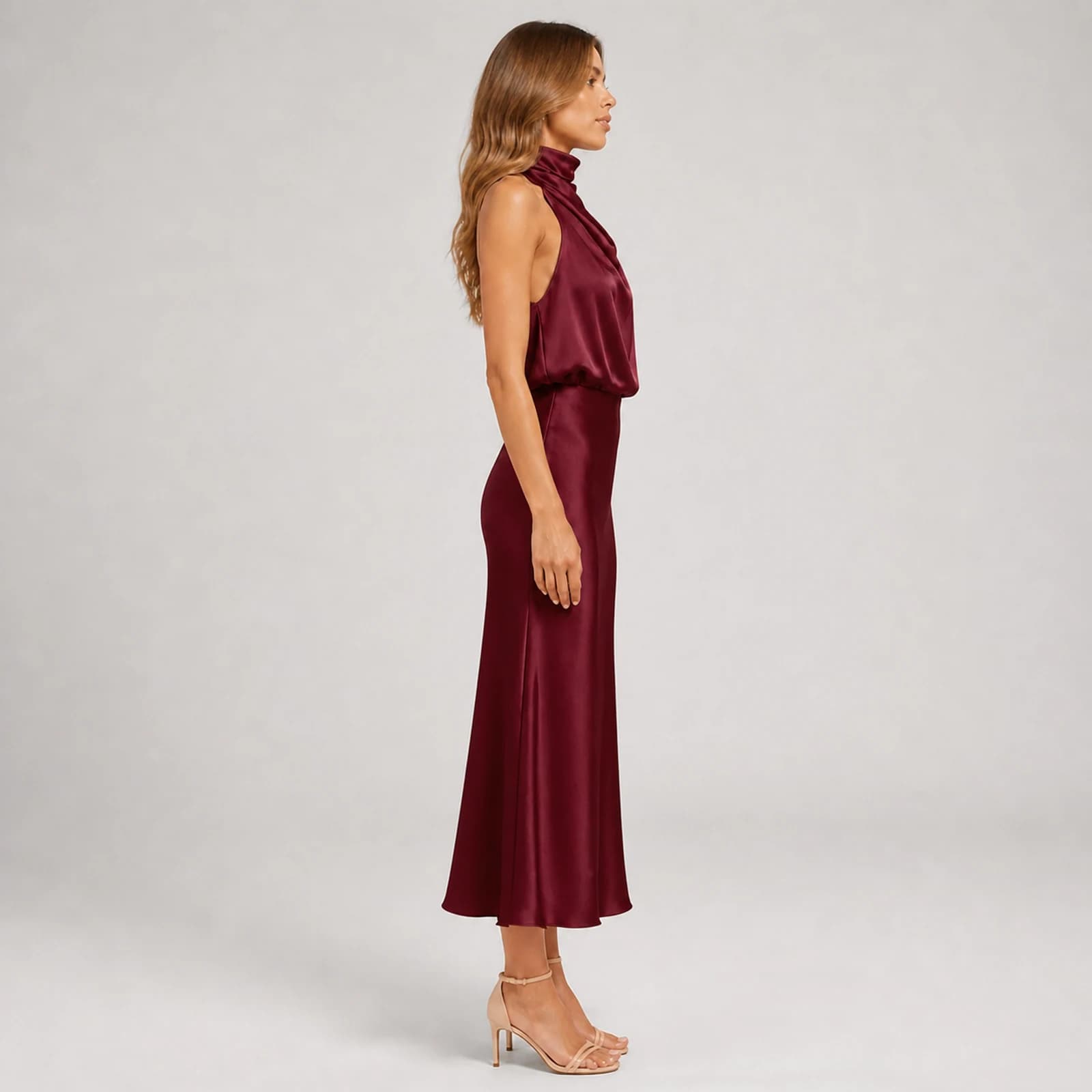 Helena Wine Satin Midi Dress, view 4
