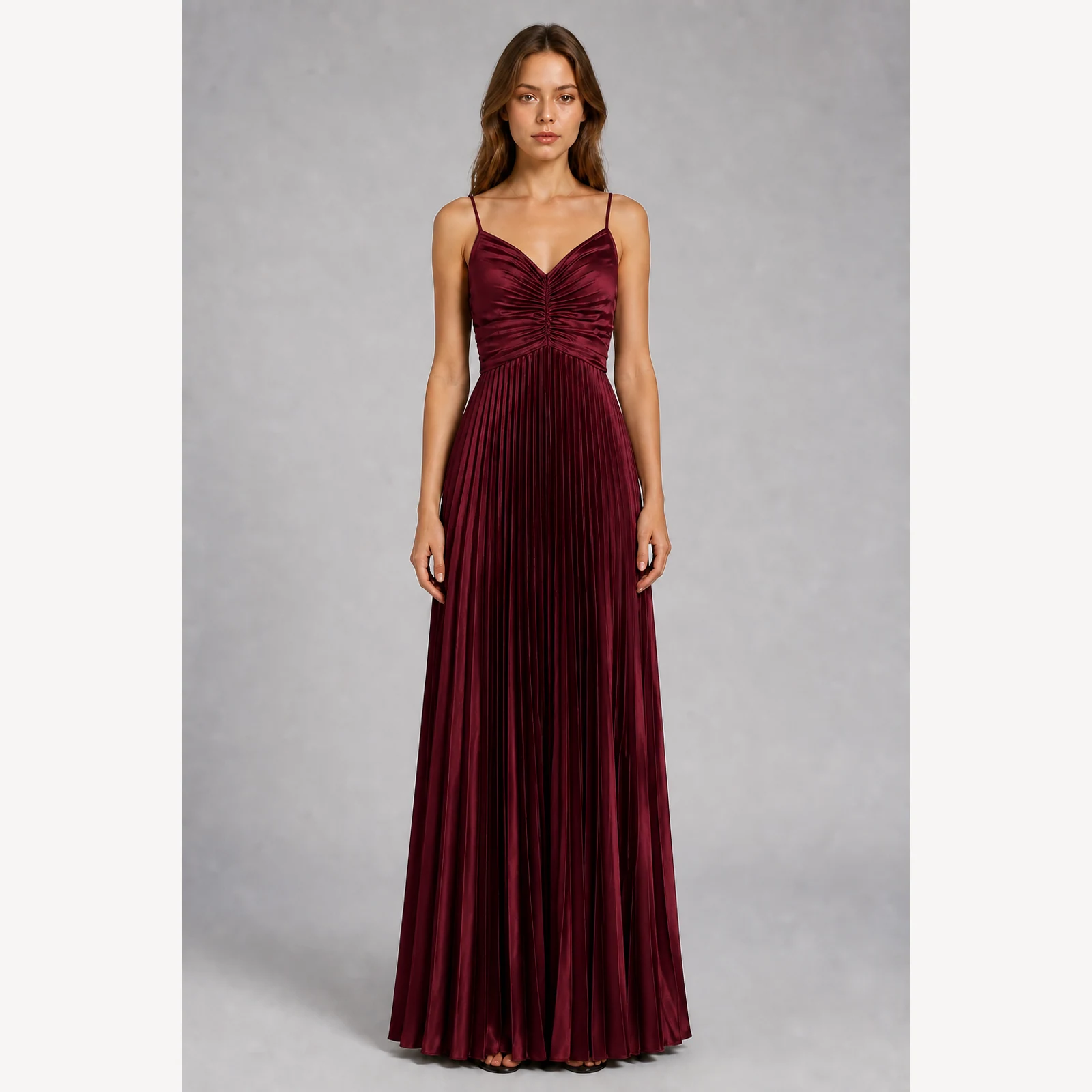 Heloise Burgundy Pleated Evening Gown, view 1