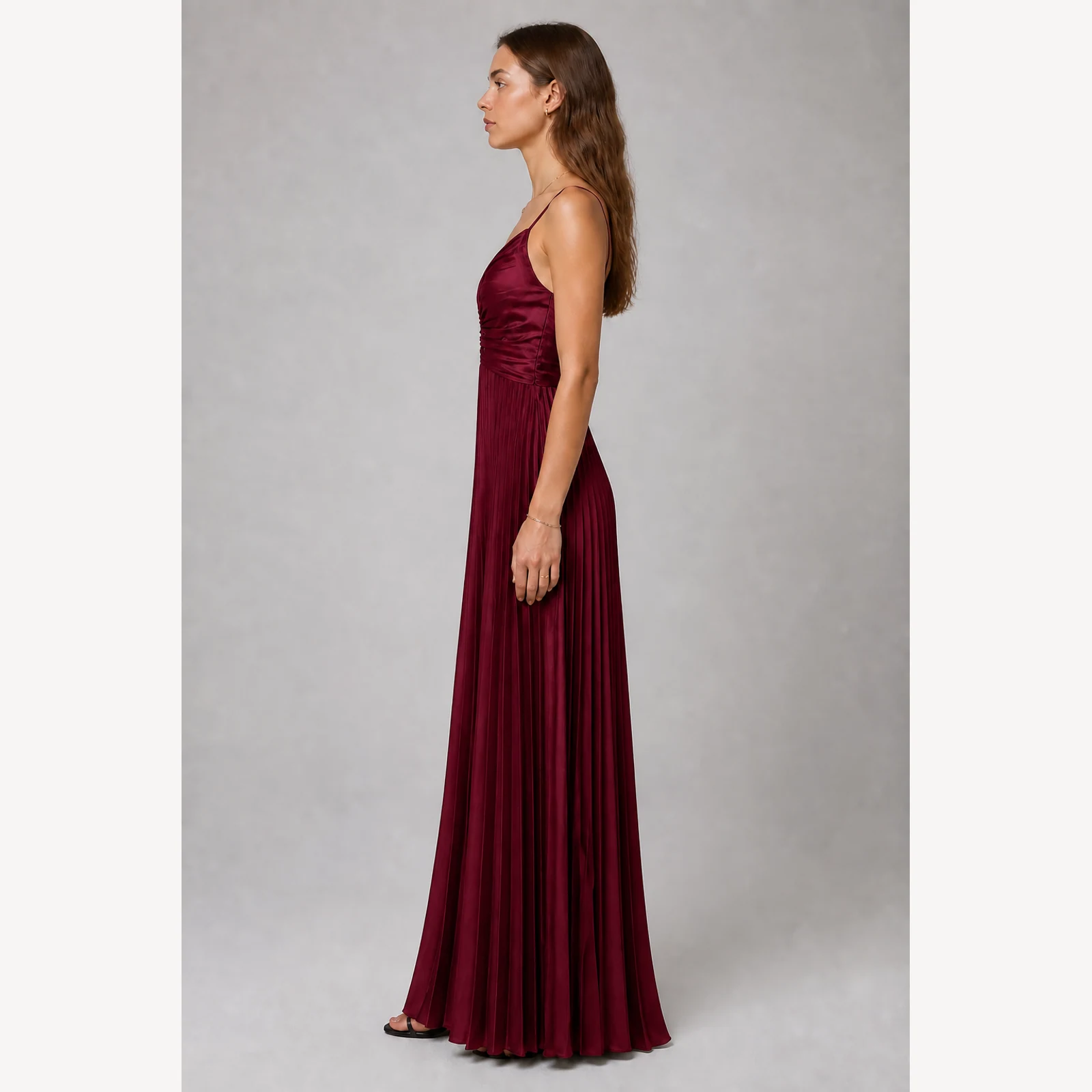 Heloise Burgundy Pleated Evening Gown, view 3