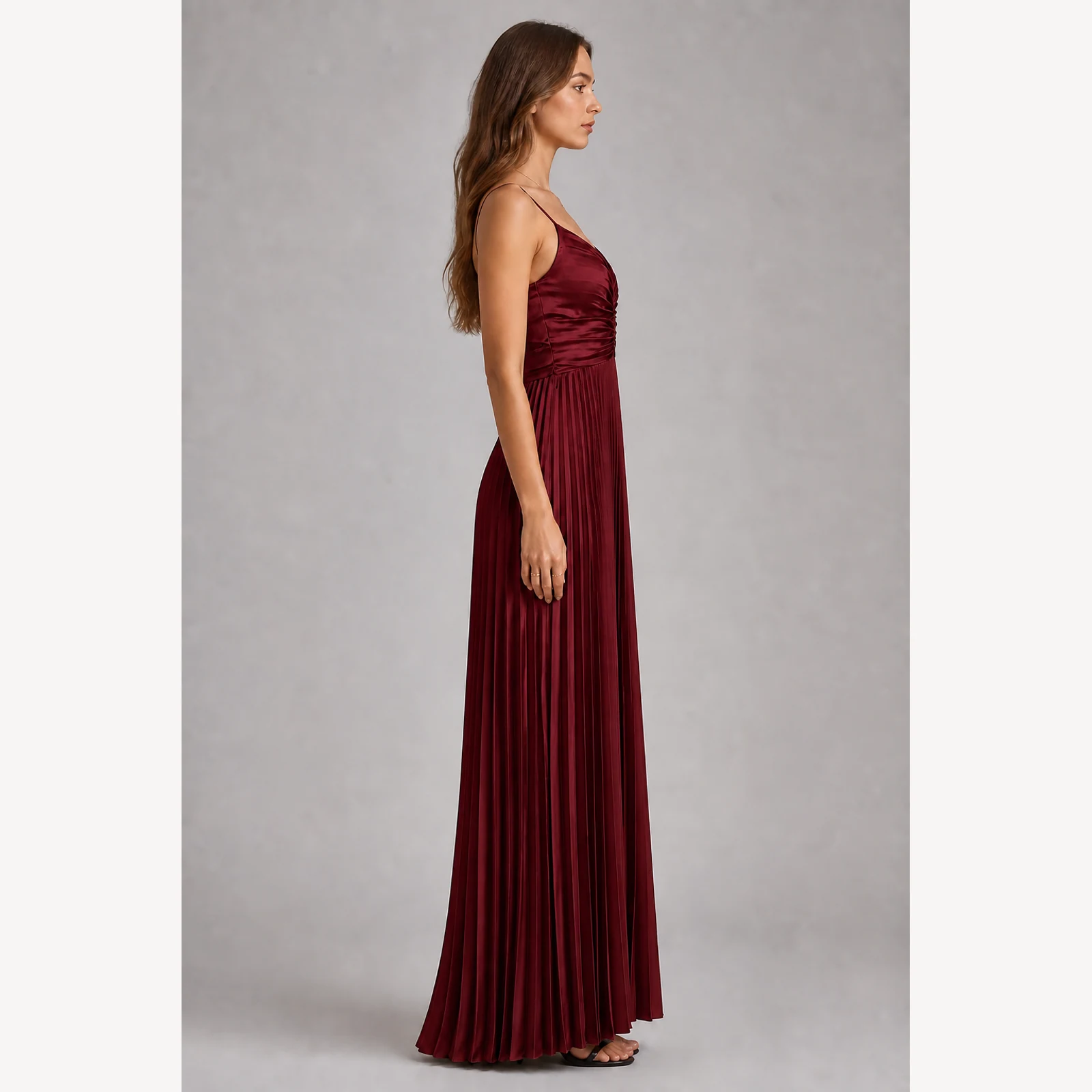 Heloise Burgundy Pleated Evening Gown, view 4