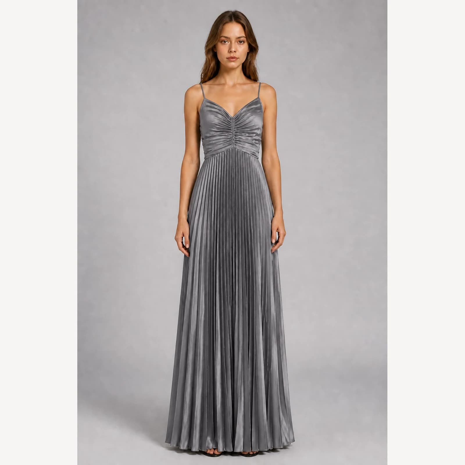 Isabeau Gray Pleated Evening Gown, view 1