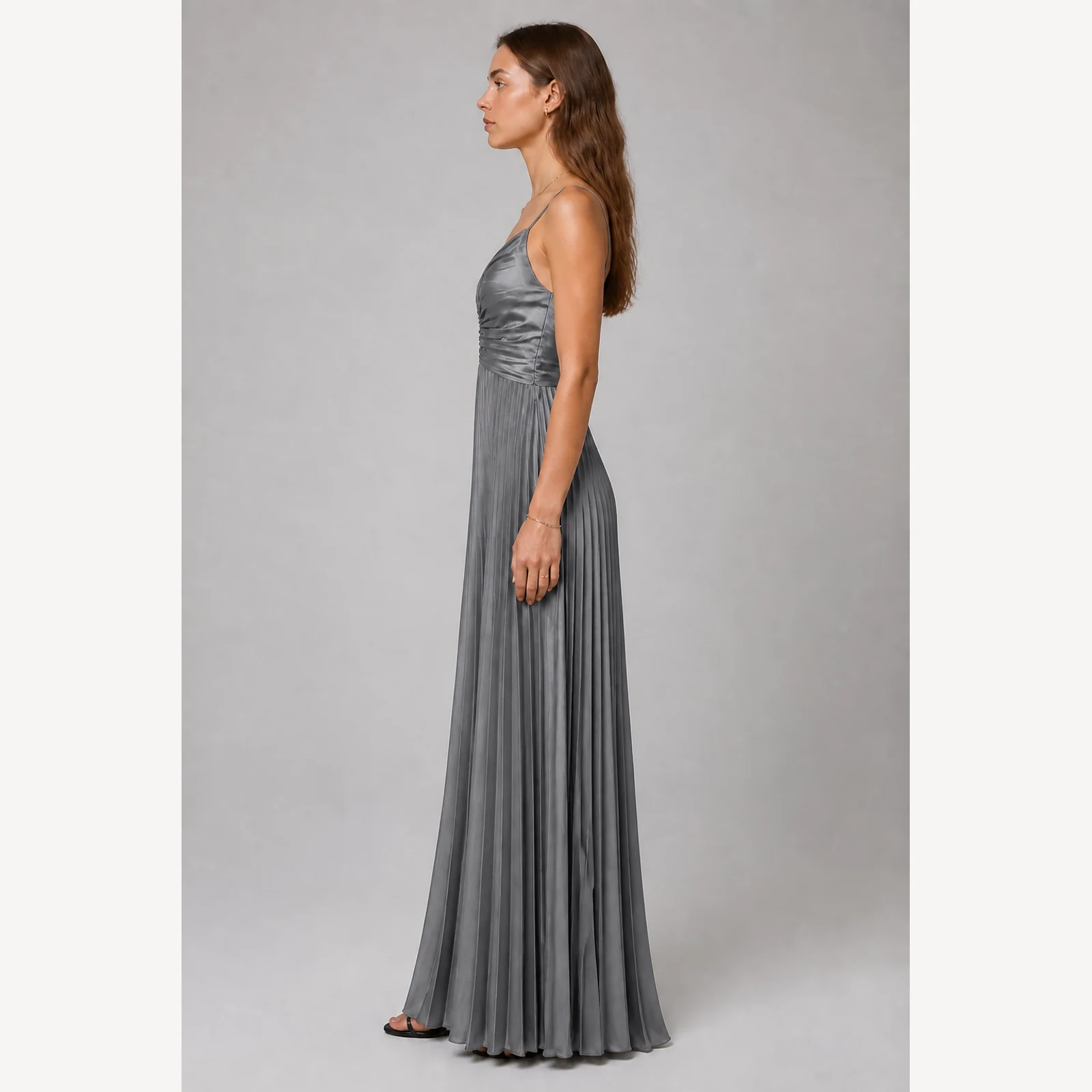 Isabeau Gray Pleated Evening Gown, view 3
