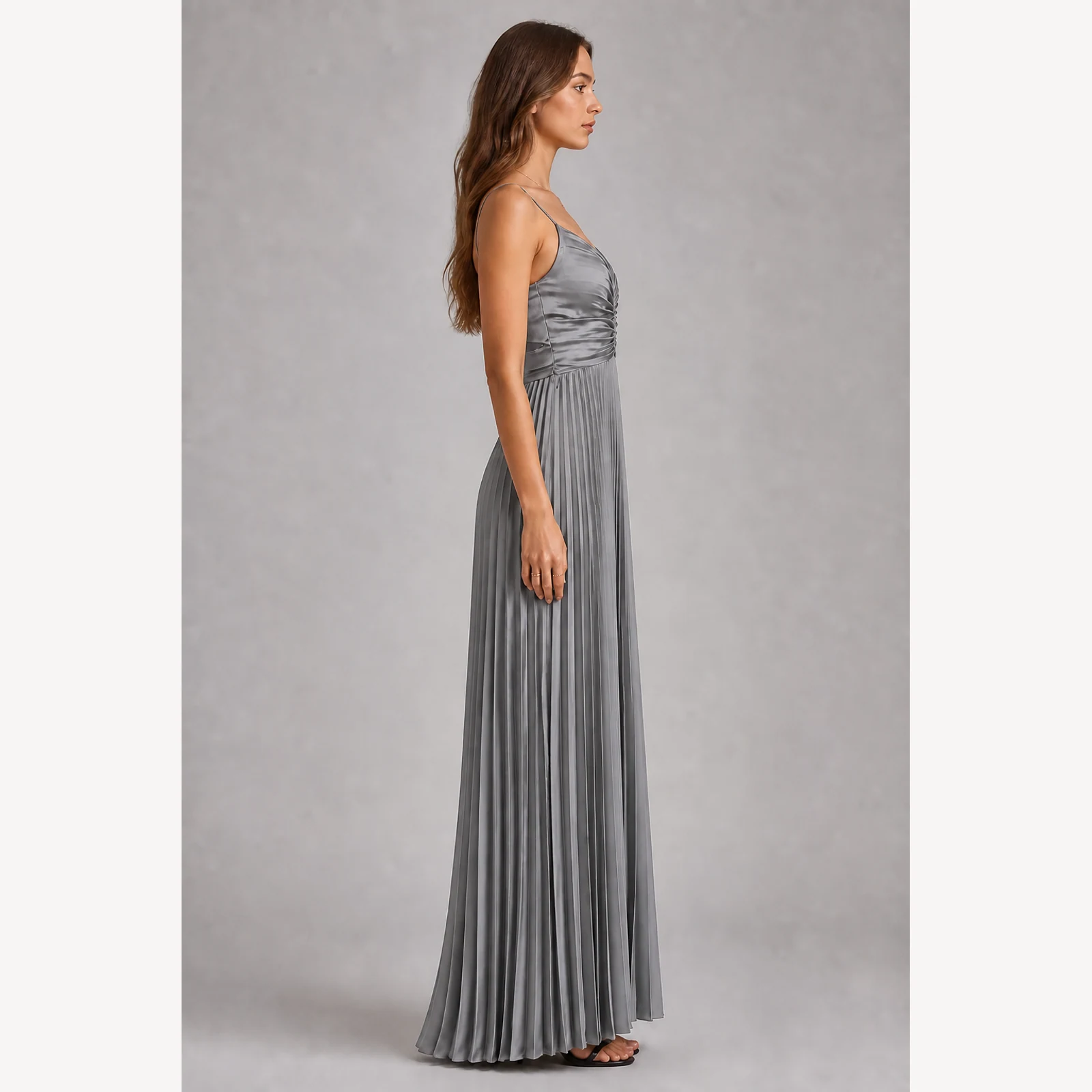 Isabeau Gray Pleated Evening Gown, view 4