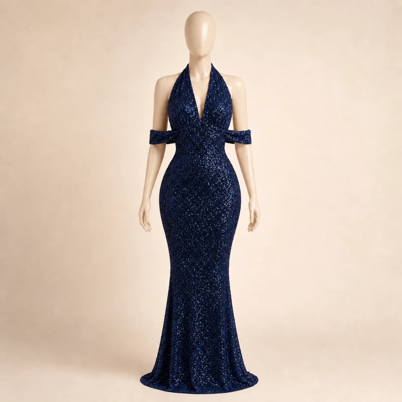 Jacinta Navy Sequin Halter Gown, view 1