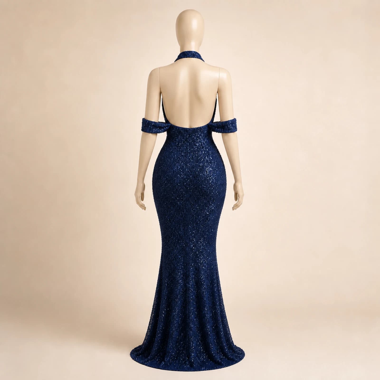 Jacinta Navy Sequin Halter Gown, view 2