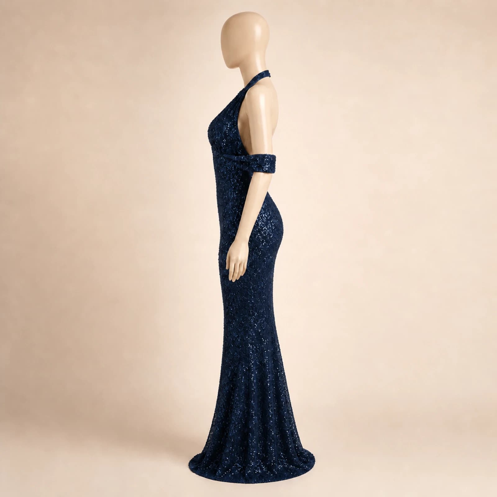 Jacinta Navy Sequin Halter Gown, view 3