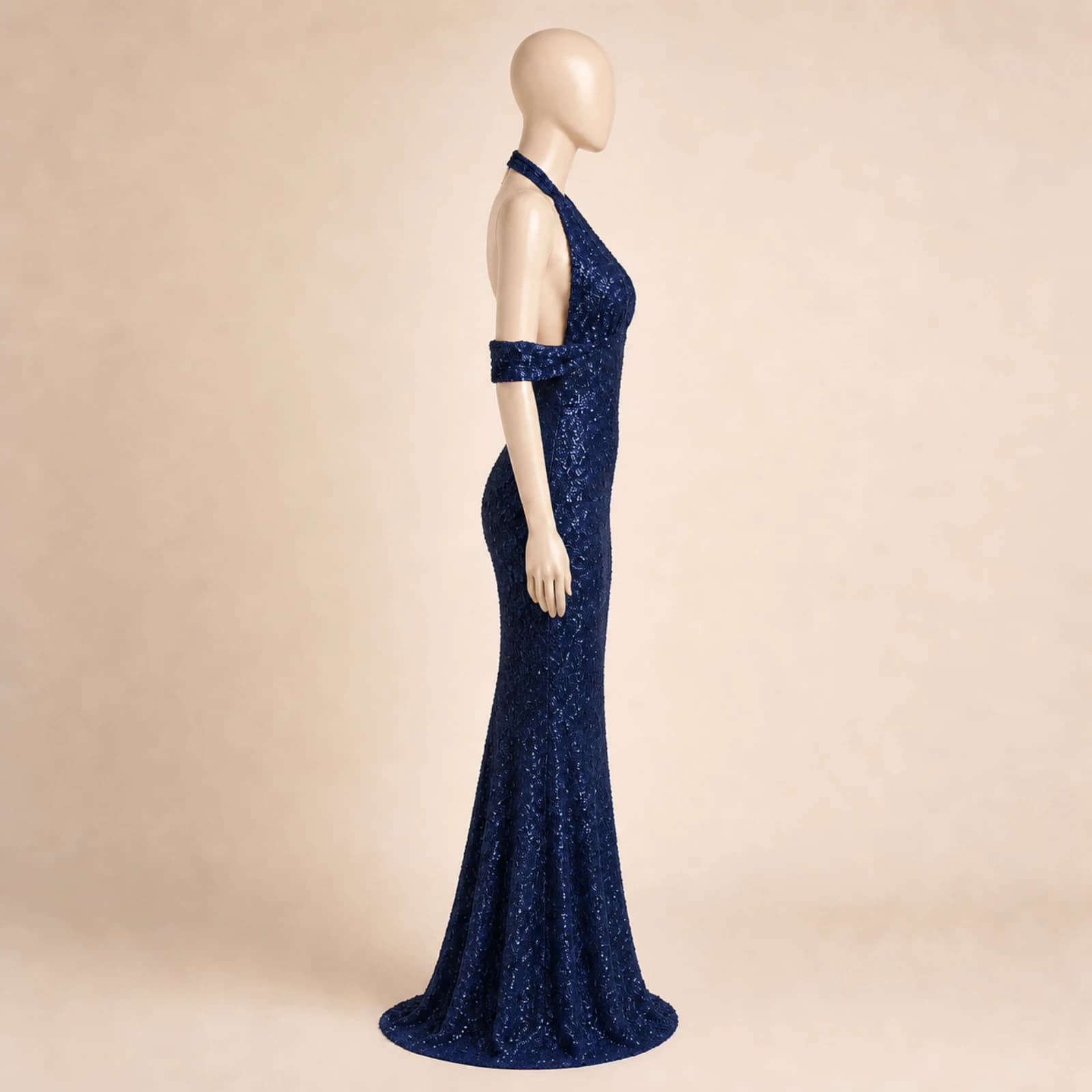 Jacinta Navy Sequin Halter Gown, view 4
