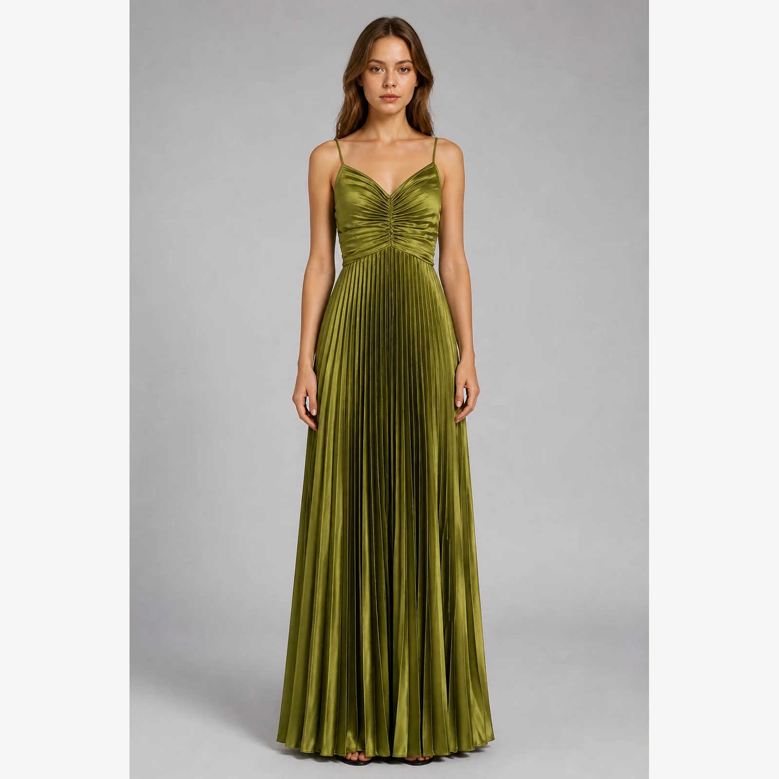 Jessamine Olive Pleated Evening Gown, view 1