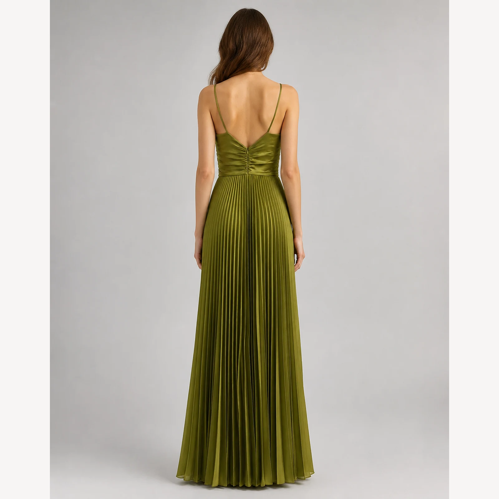 Jessamine Olive Pleated Evening Gown, view 2