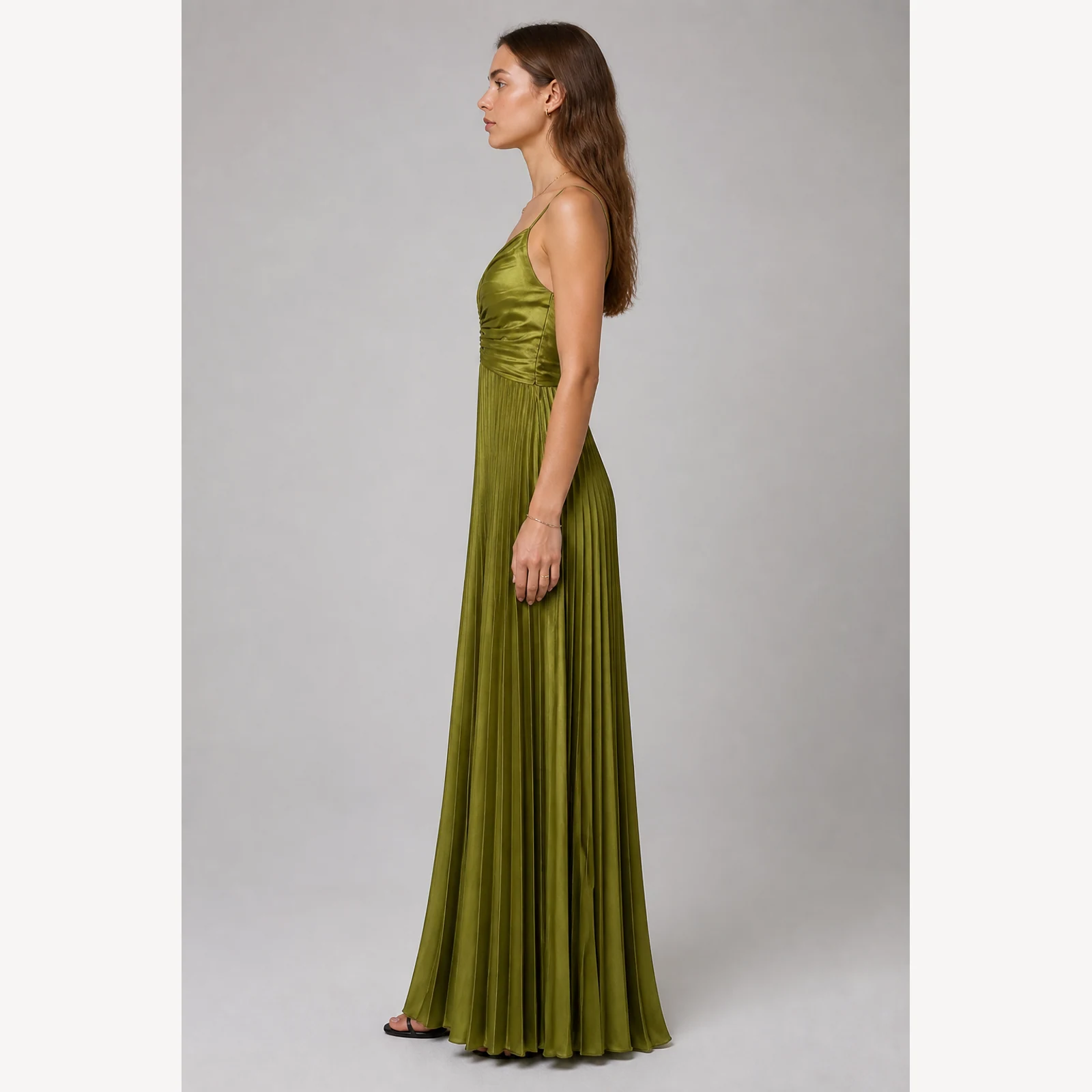 Jessamine Olive Pleated Evening Gown, view 3