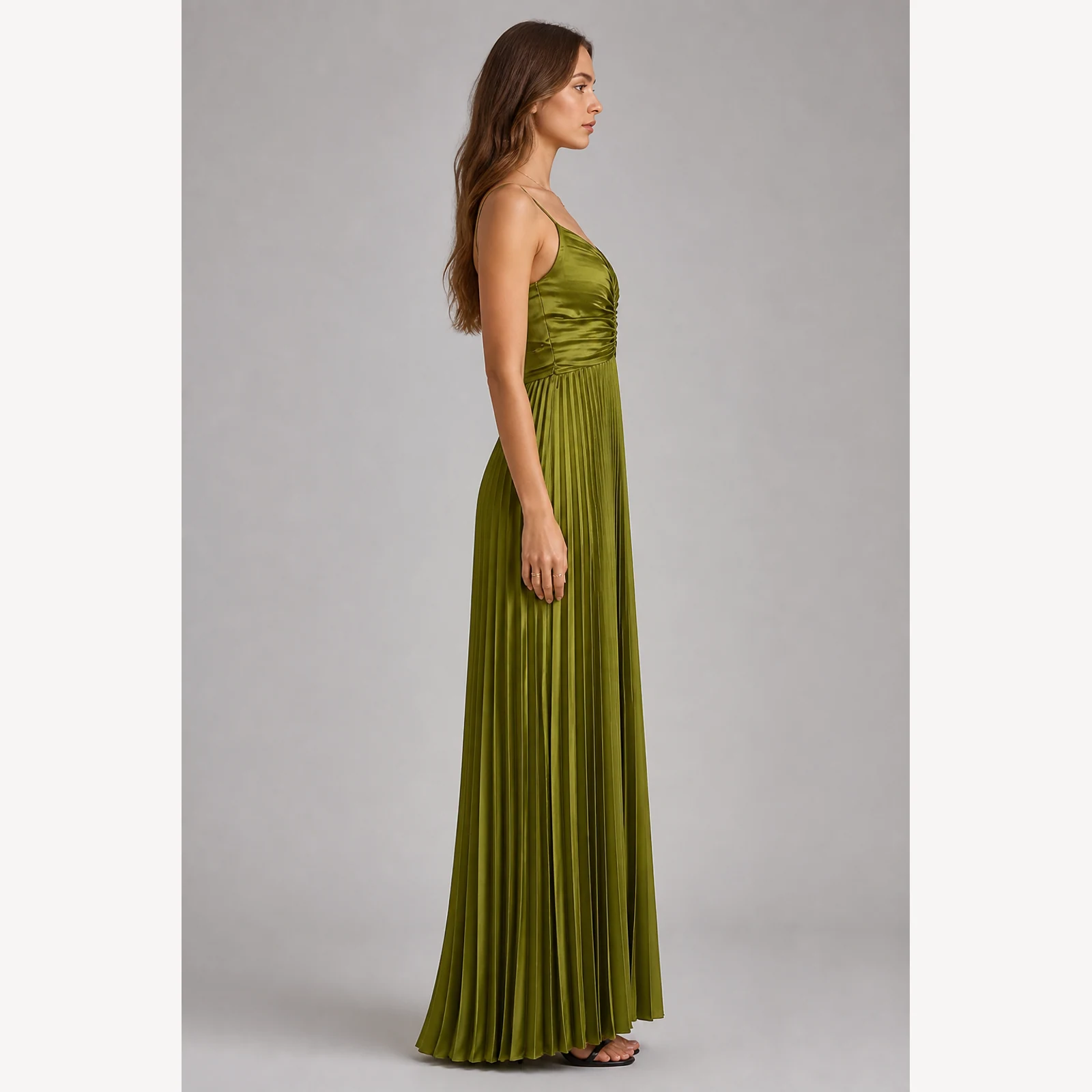 Jessamine Olive Pleated Evening Gown, view 4