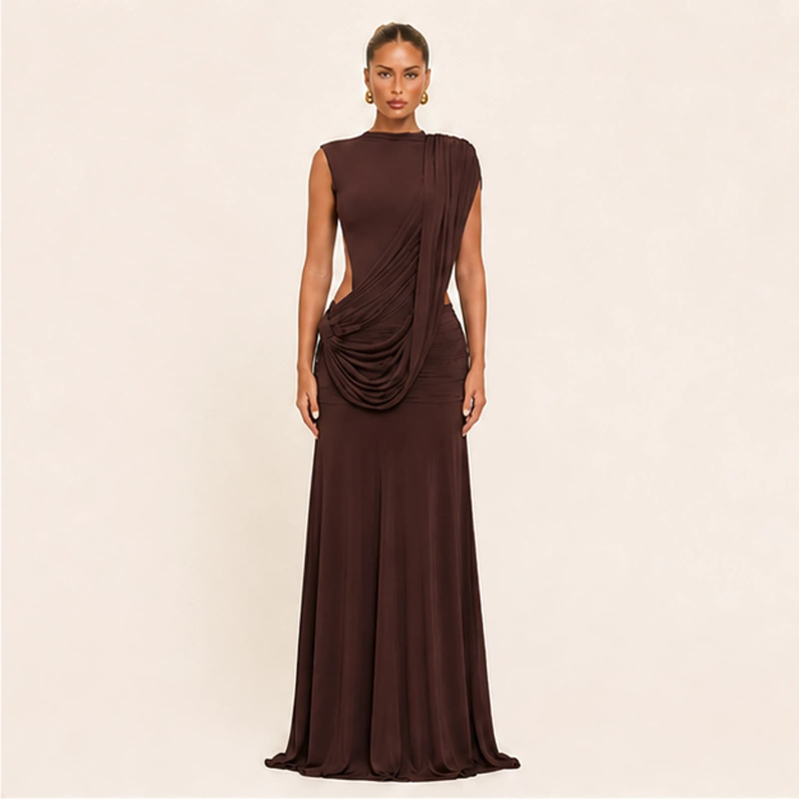 Josie Coffee Draped Open-Back Maxi Dress