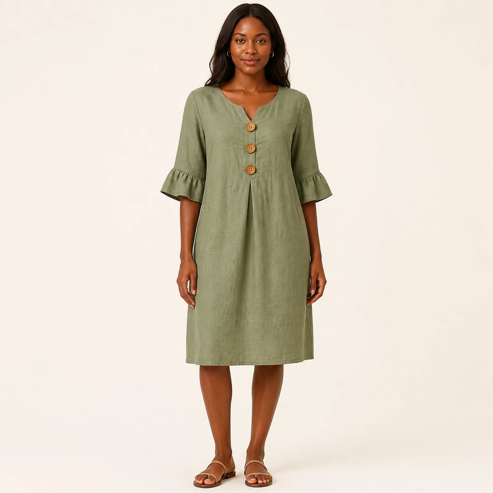 Kendra Khaki Linen Button Dress, view 1
