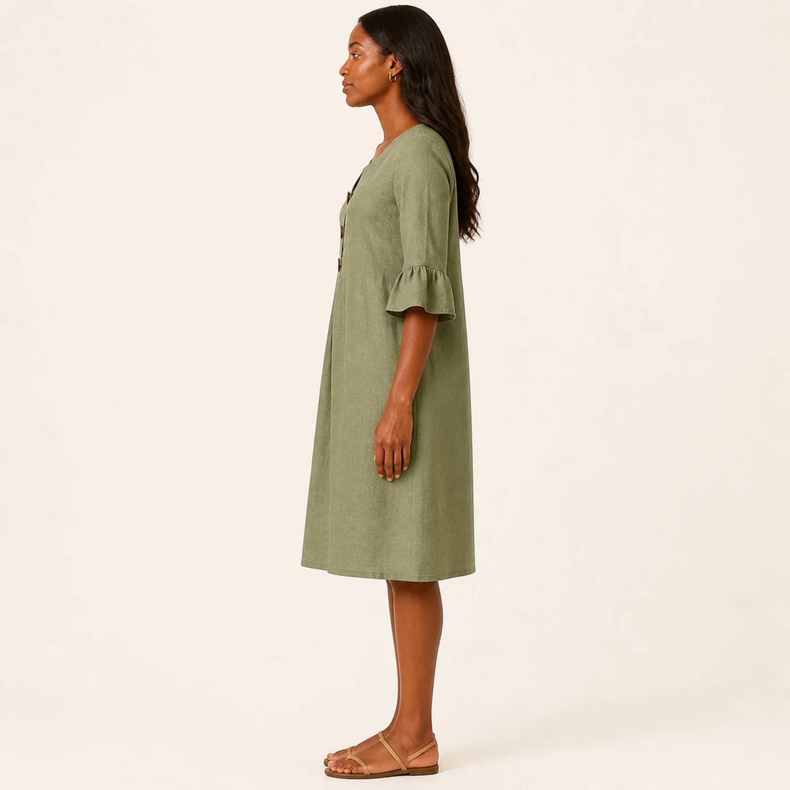 Kendra Khaki Linen Button Dress, view 3