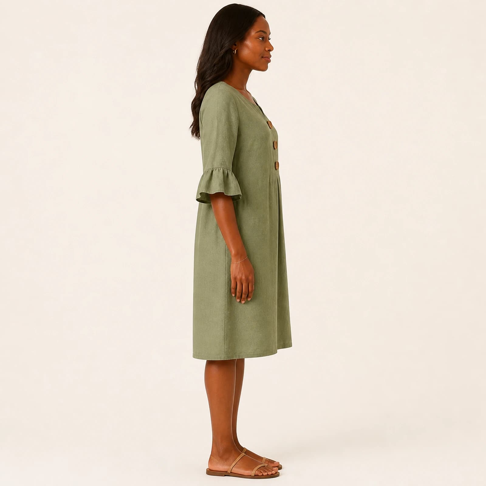 Kendra Khaki Linen Button Dress, view 4