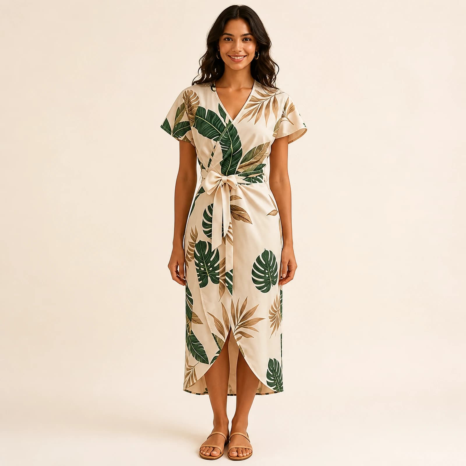 Mabel Tropical Leaf Tie-Front Midi Dress