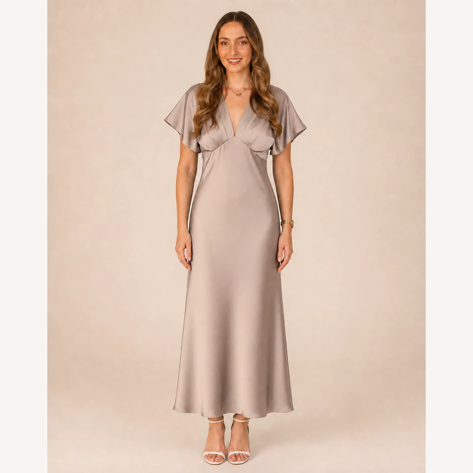 Maelle Champagne Satin Midi Dress, view 1