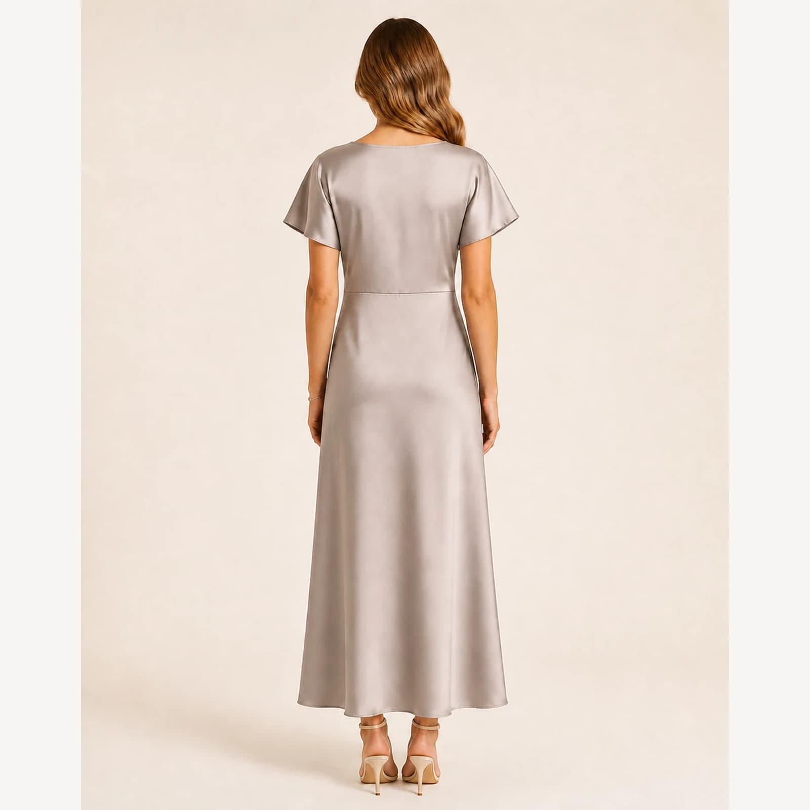 Maelle Champagne Satin Midi Dress, view 2