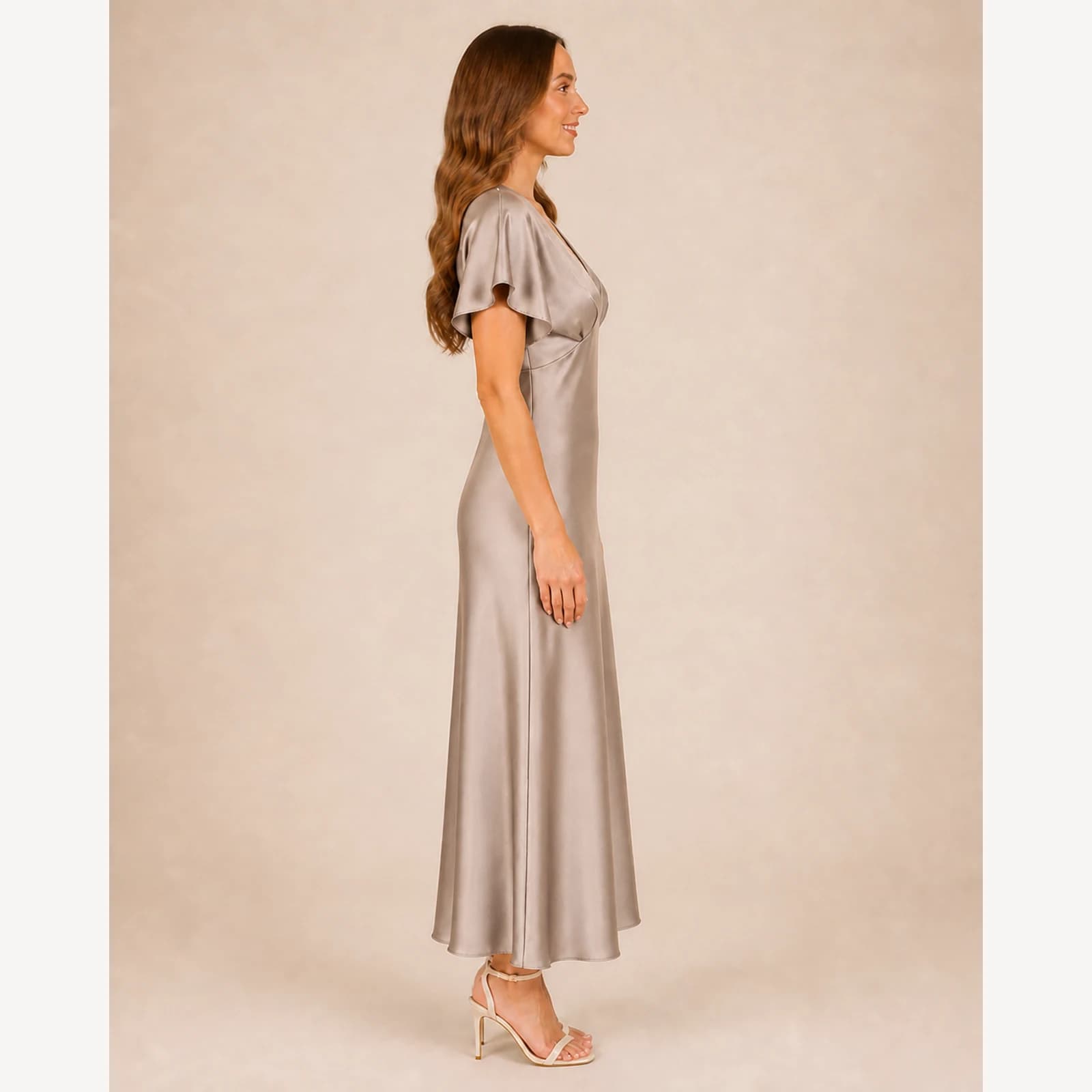 Maelle Champagne Satin Midi Dress, view 3