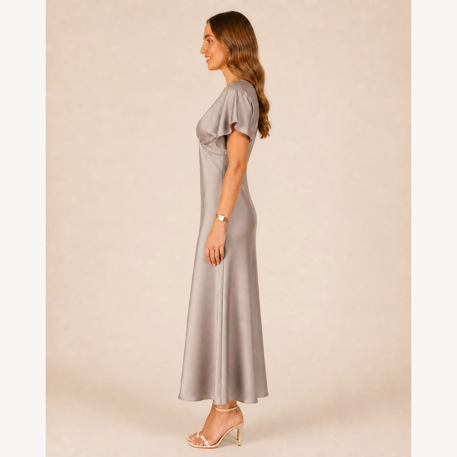 Maelle Champagne Satin Midi Dress, view 4