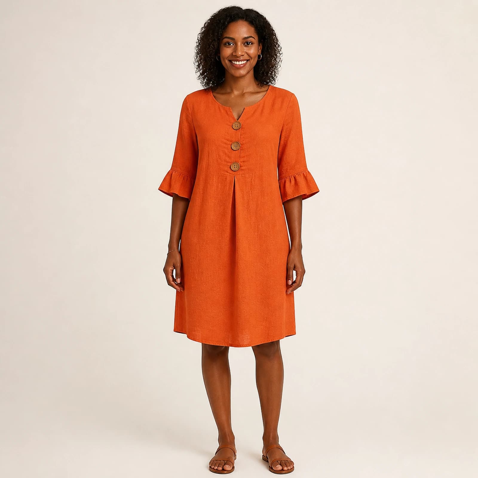 Maren Tangerine Linen Button Dress, view 1