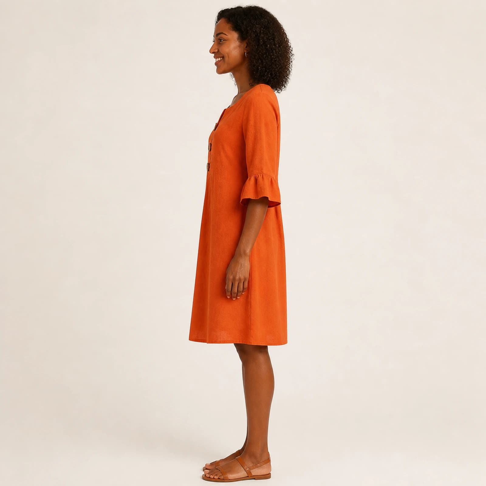 Maren Tangerine Linen Button Dress, view 3