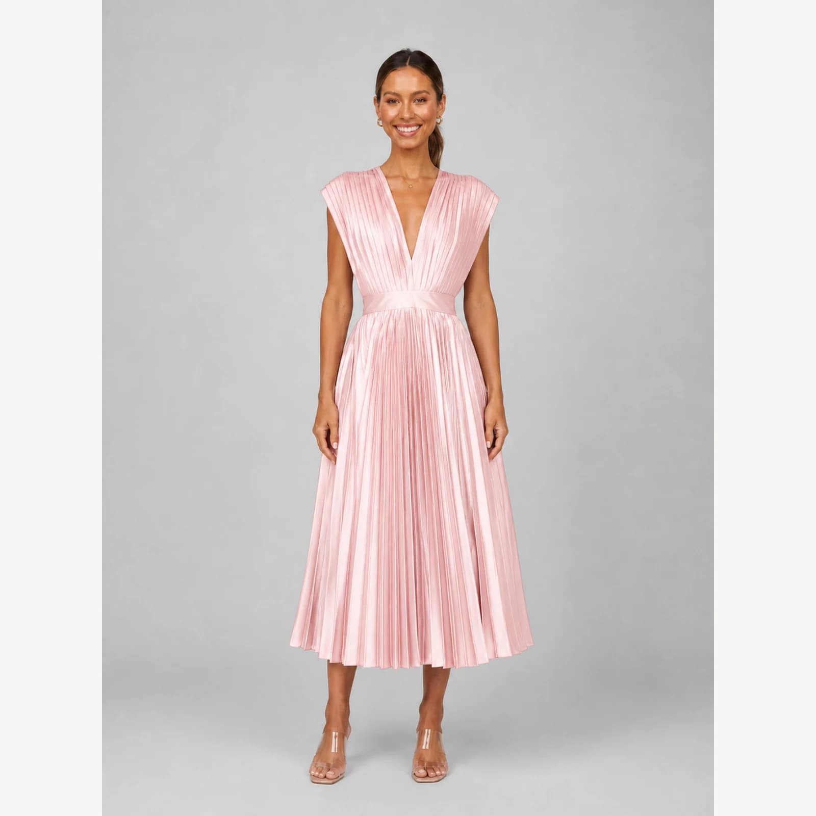 Mirella Pink Pleated Midi Dress, view 1