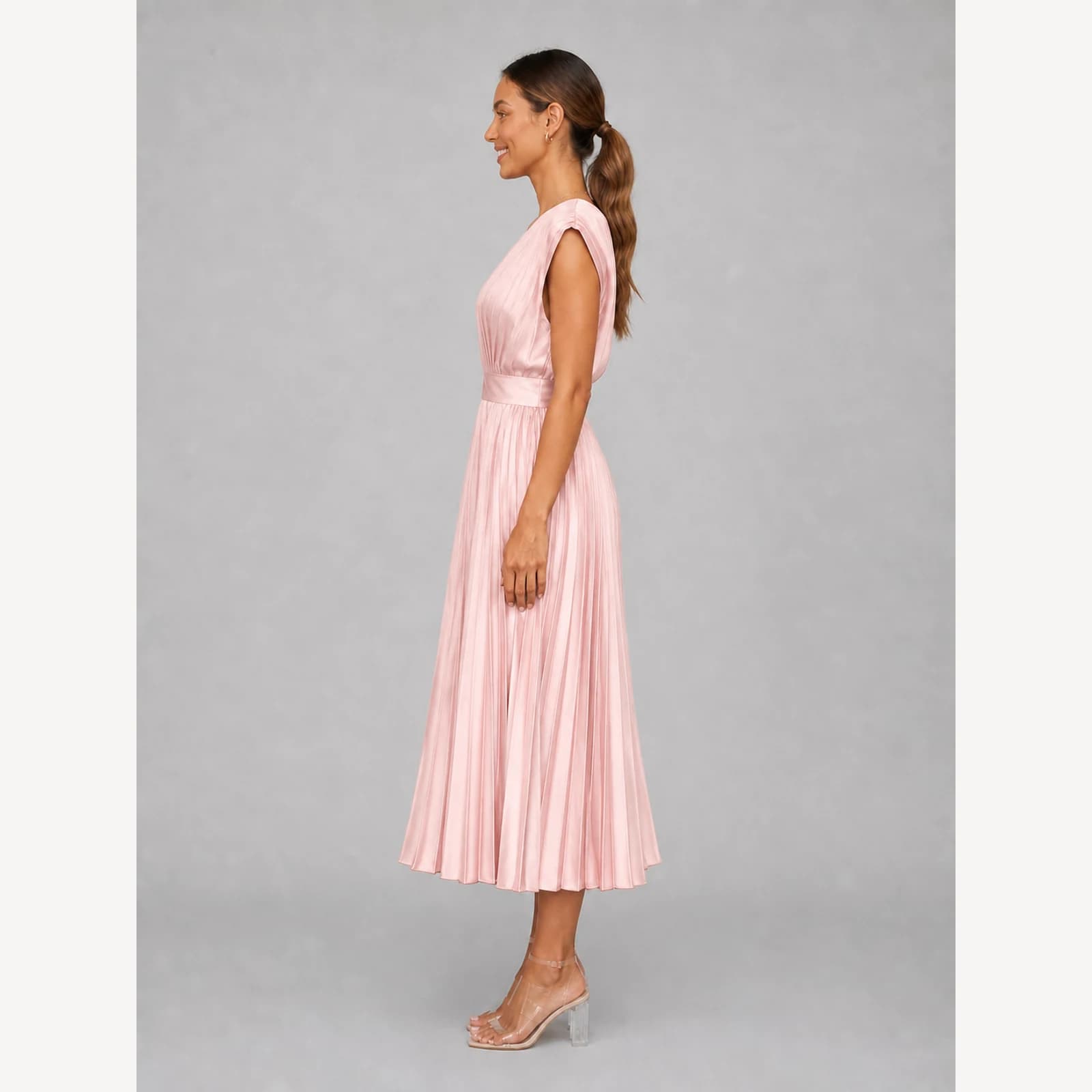 Mirella Pink Pleated Midi Dress, view 3
