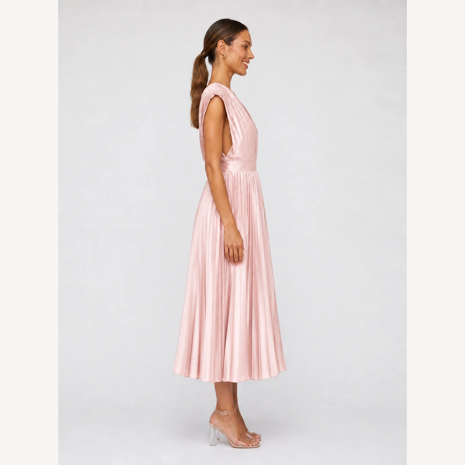 Mirella Pink Pleated Midi Dress, view 4