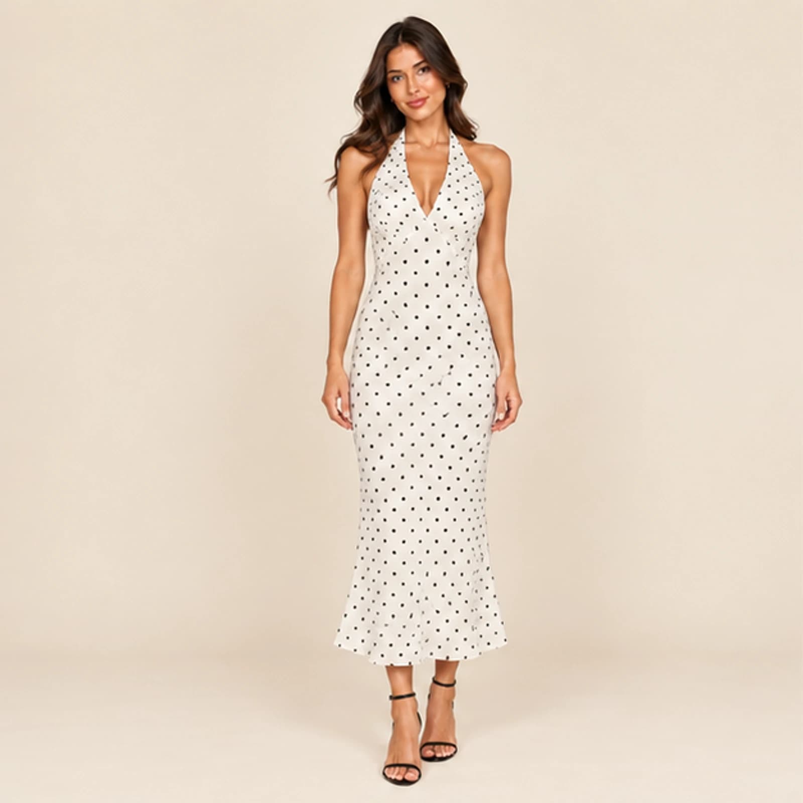 Mirelle Halter Polka Dot Maxi Dress — White, view 1