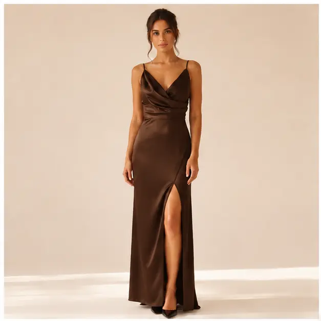 Mocha Satin Maxi Dress