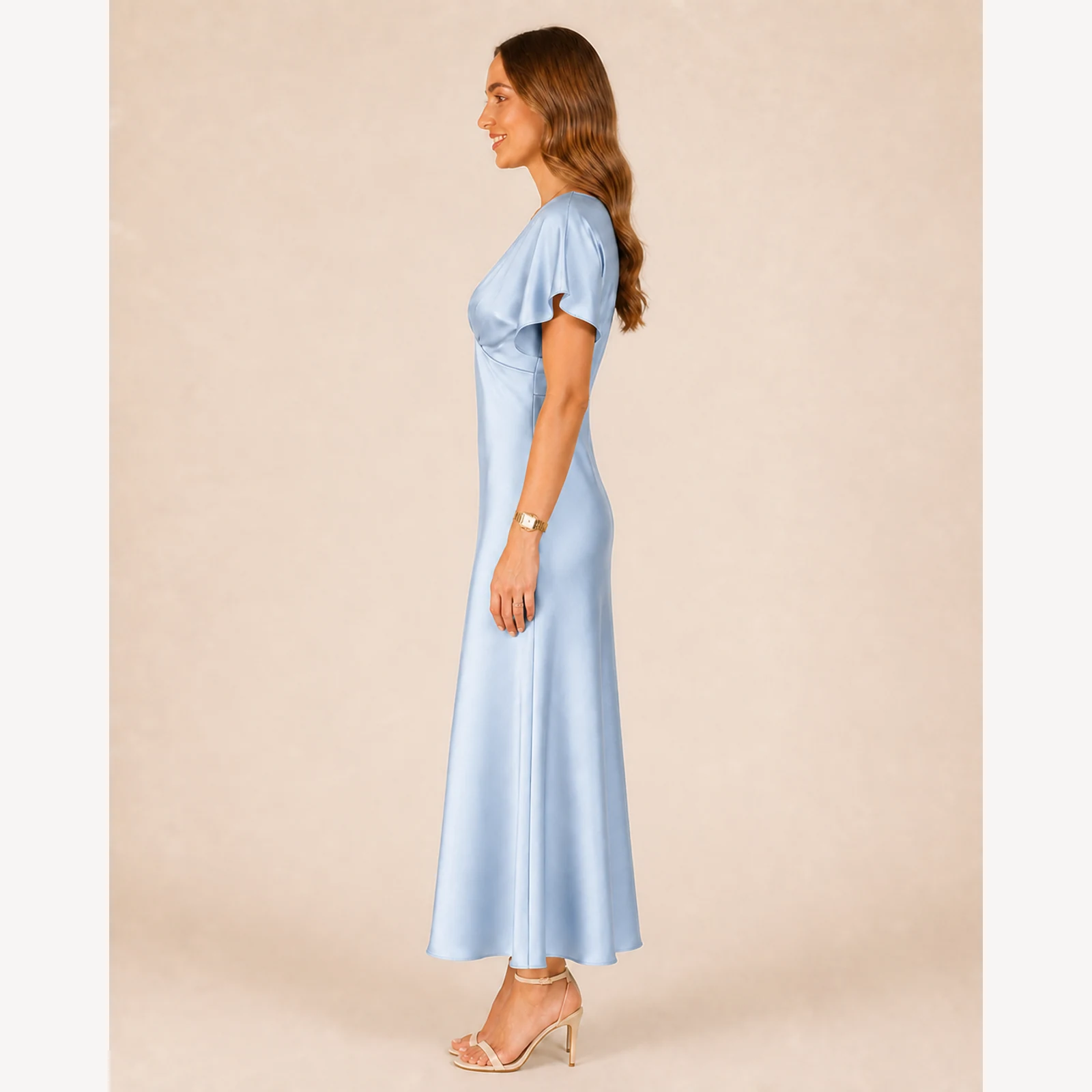Nerina Blue Satin Midi Dress, view 3