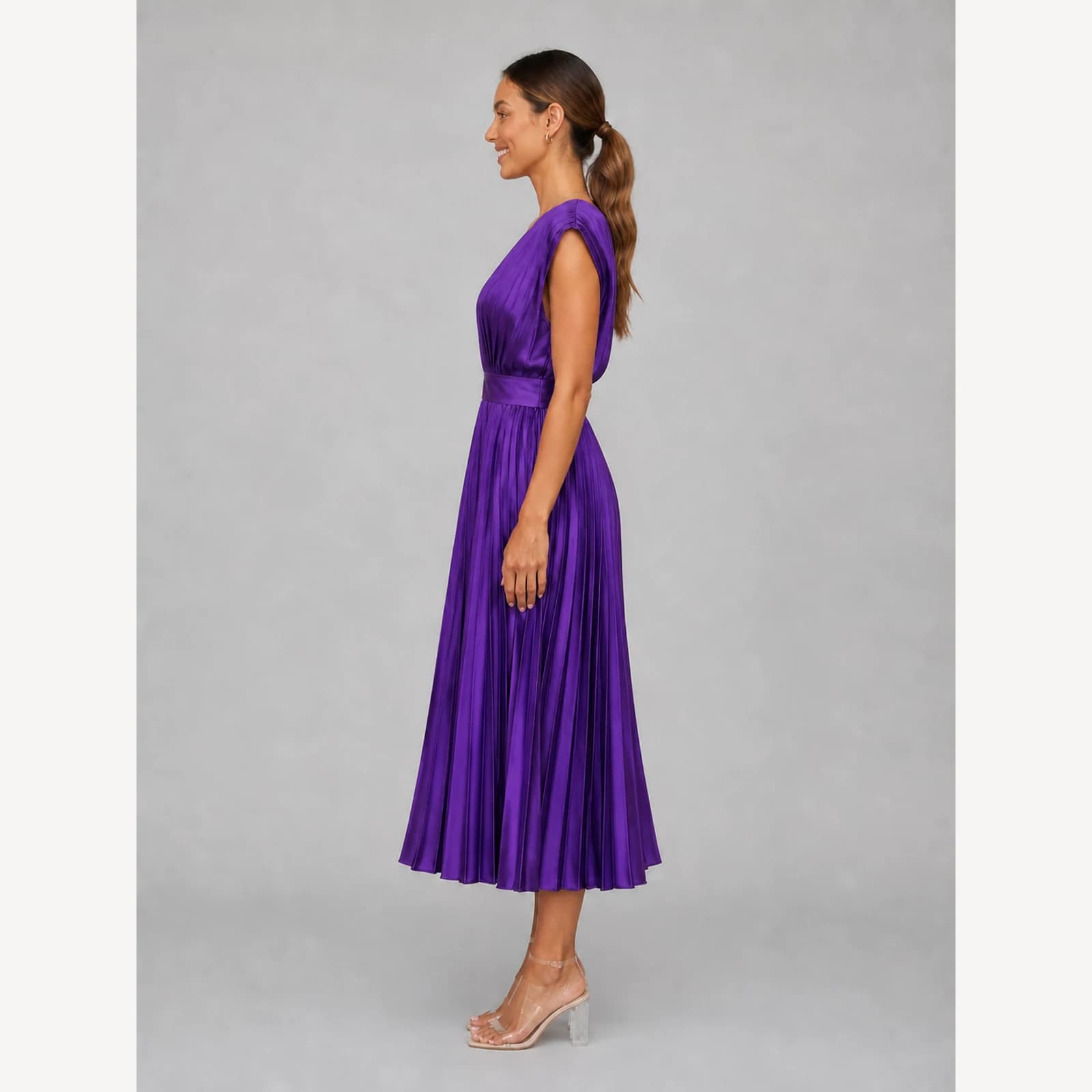 Novalie Purple Pleated Midi Dress, view 3