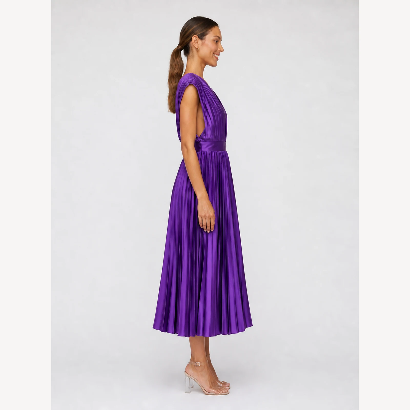 Novalie Purple Pleated Midi Dress, view 4