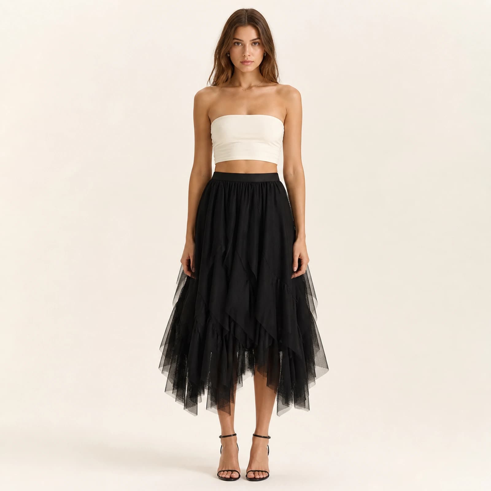 Ondine Black Layered Mesh Midi Skirt