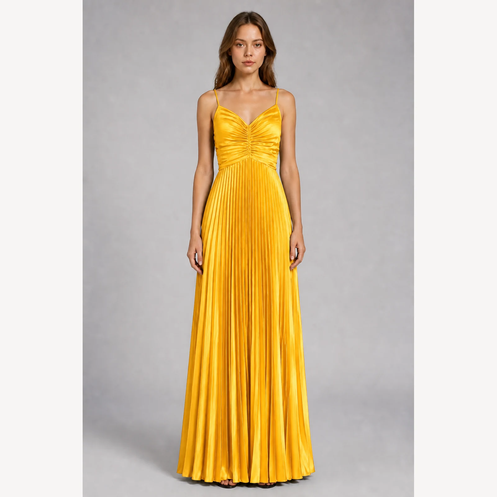 Ophelia Yellow Pleated Evening Gown, view 1