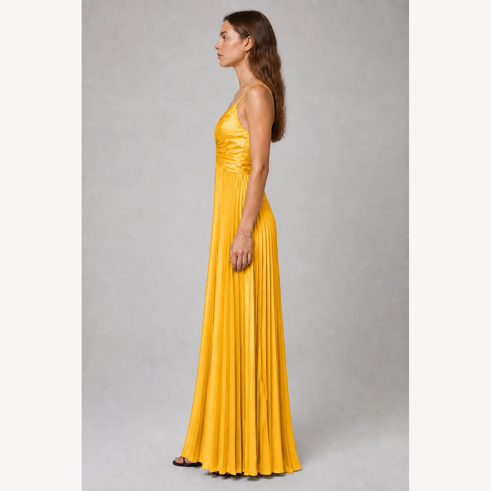 Ophelia Yellow Pleated Evening Gown, view 3
