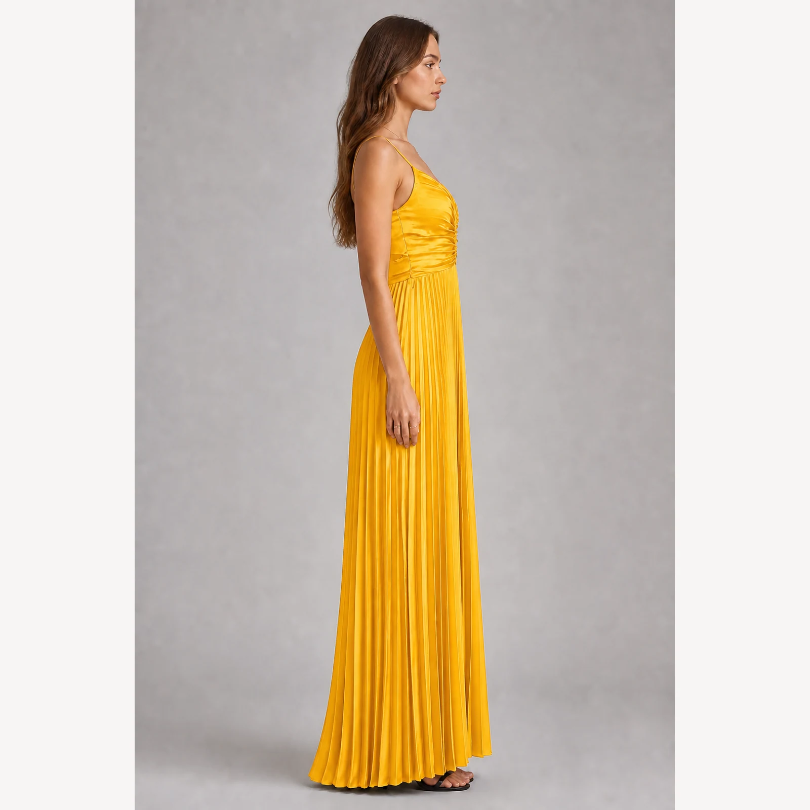 Ophelia Yellow Pleated Evening Gown, view 4