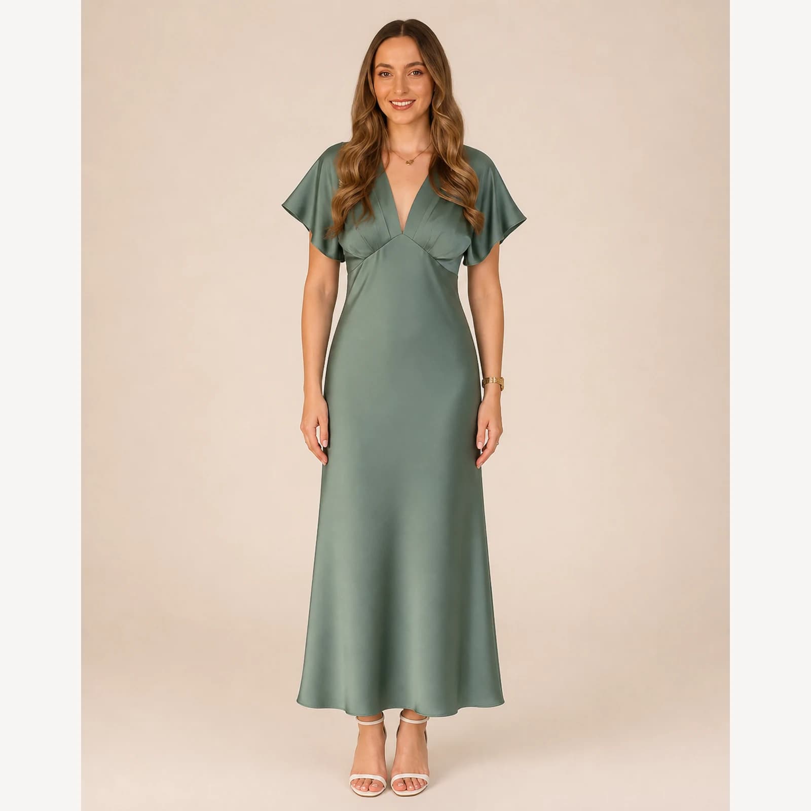 Oriana Green Satin Midi Dress, view 1