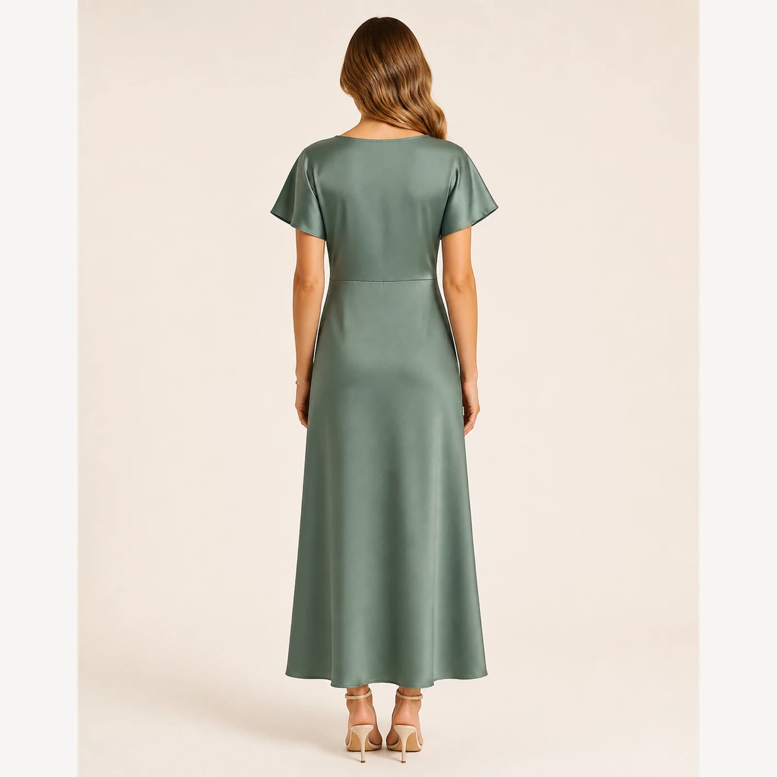 Oriana Green Satin Midi Dress, view 2