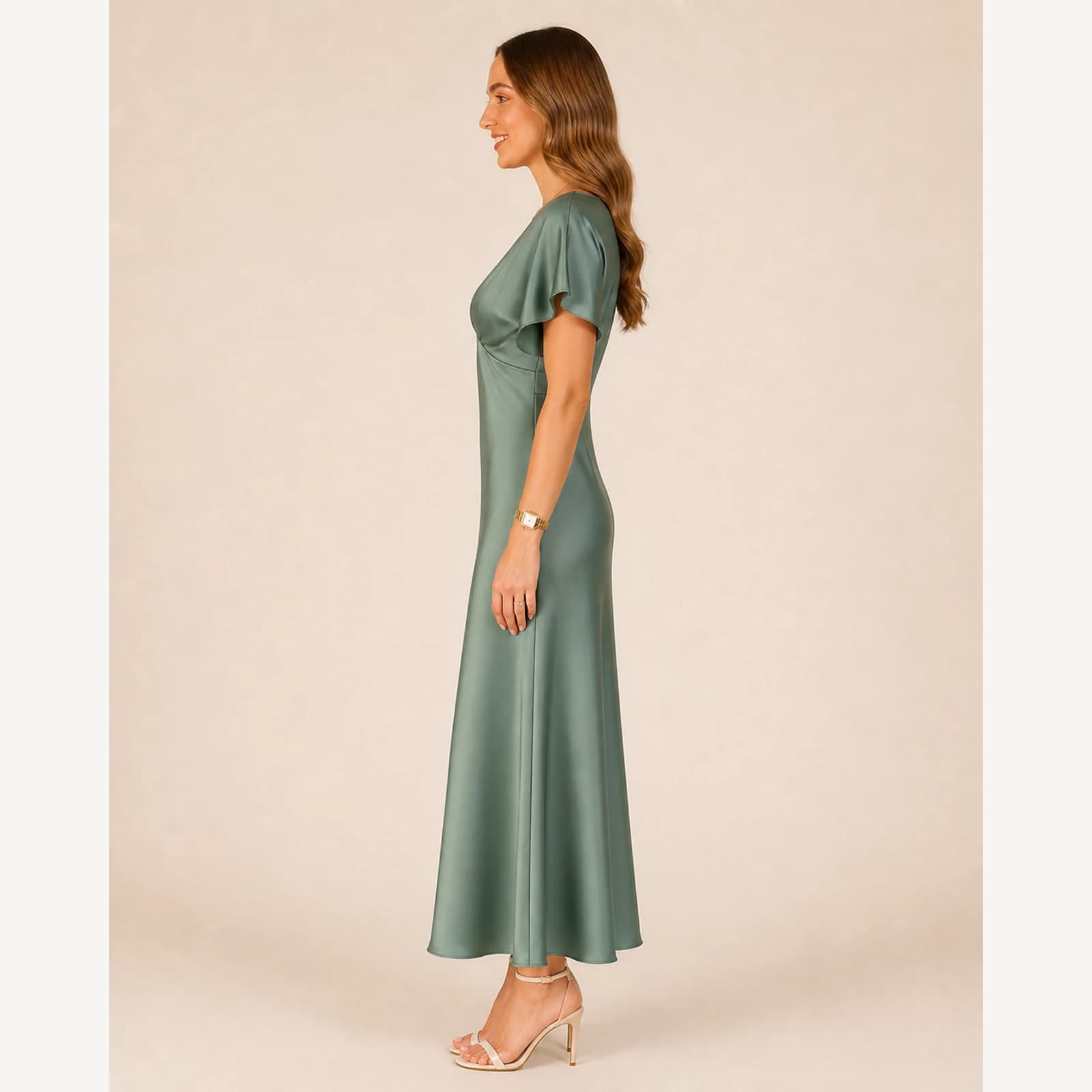 Oriana Green Satin Midi Dress, view 3
