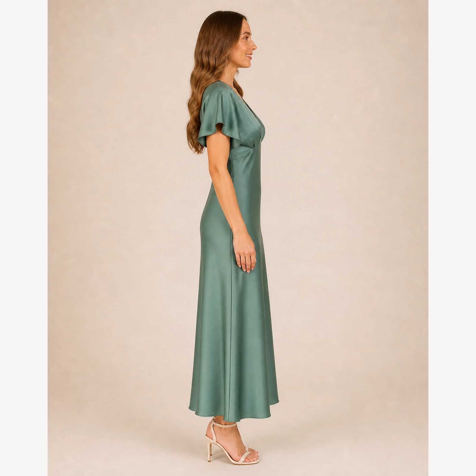 Oriana Green Satin Midi Dress, view 4